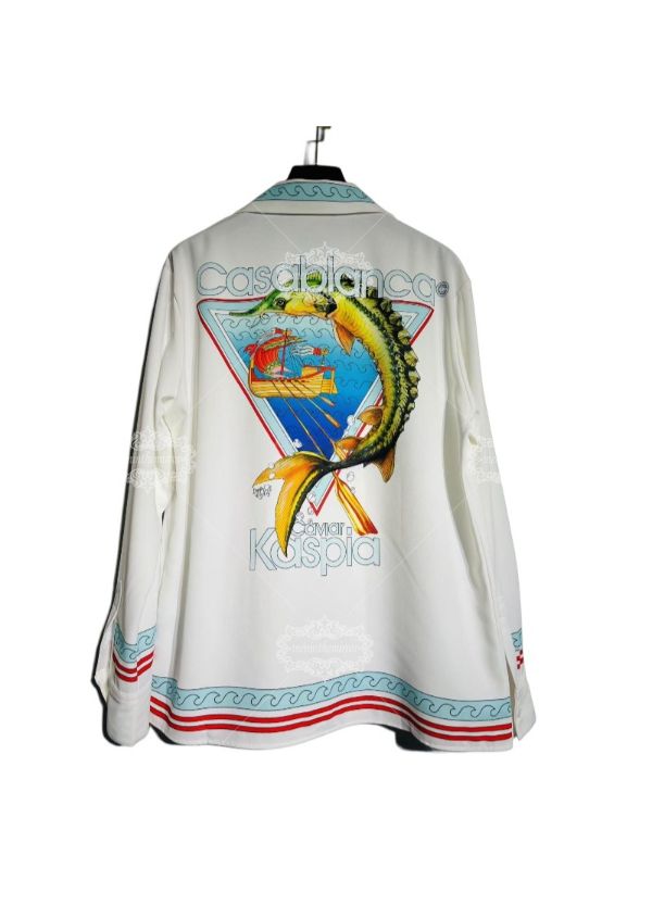 Coastal Wave Trim Long Sleeve Shirt | Retro Resort White Casual