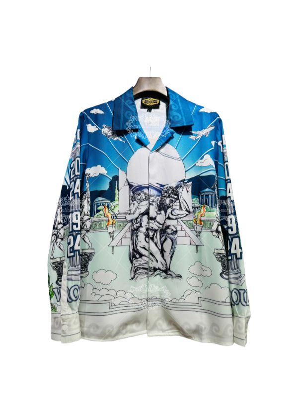 Pale Blue Baroque Sculpture Print Shirt | Light Luxe Resort Short