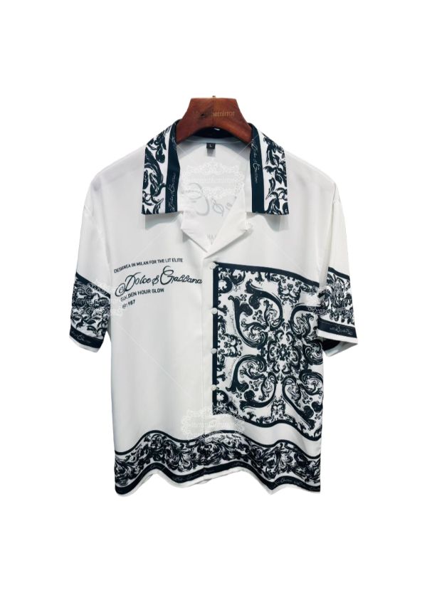 Monochrome Baroque Text Print Shirt | Luxe White & Black Short