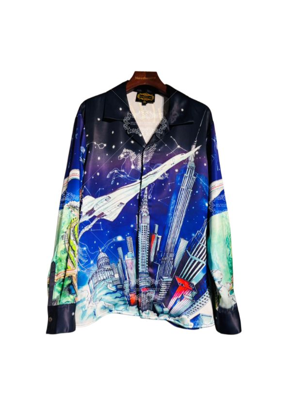 Luxury Global Cityscape Print Shirt | Silk-Satin Travel Art Long