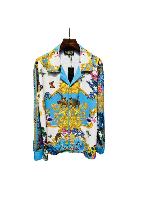 Luxury Safari Baroque Print Long Sleeve Shirt | Sky Blue Wildlife Luxe