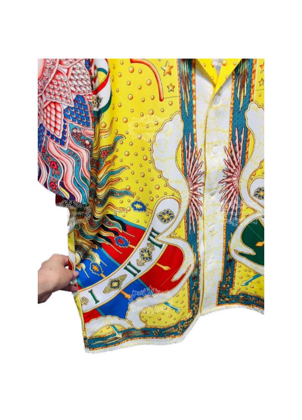 Vibrant Sun God & Sundial Print Shirt | Luxe Yellow Baroque Short