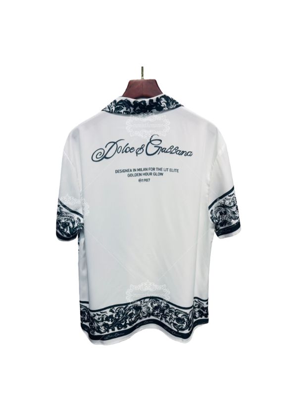 Monochrome Baroque Text Print Shirt | Luxe White & Black Short