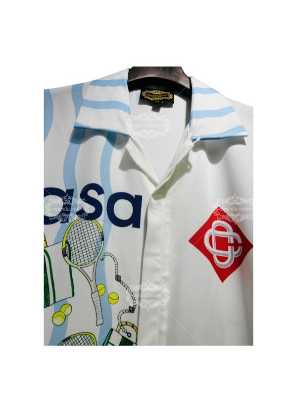 White & Blue Wave Stripe Tennis Element Print Shirt | Sport Luxe Resort Long