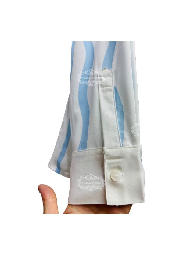 White & Blue Wave Stripe Tennis Element Print Shirt | Sport Luxe Resort Long