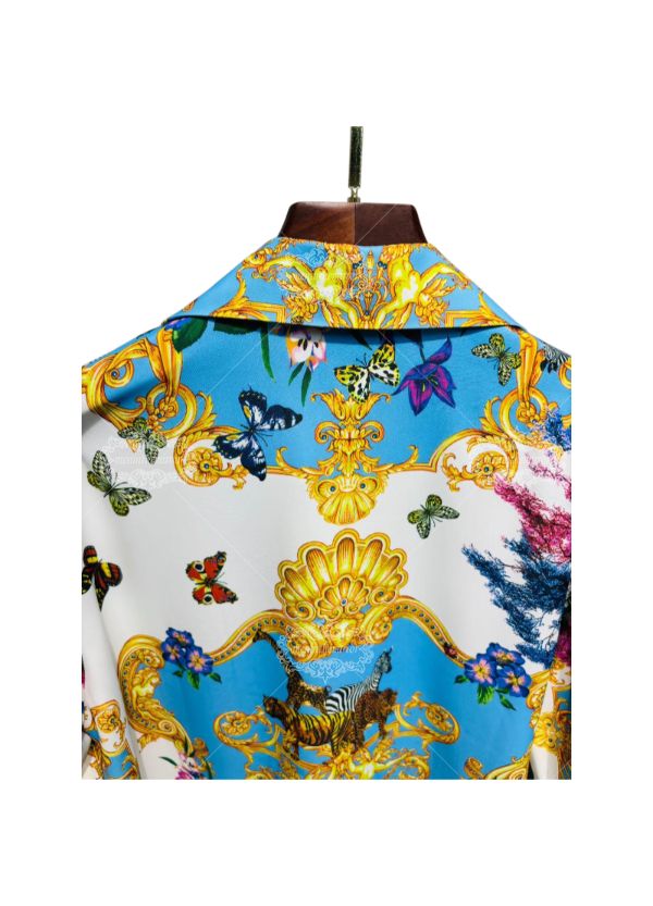 Luxury Safari Baroque Print Long Sleeve Shirt | Sky Blue Wildlife Luxe