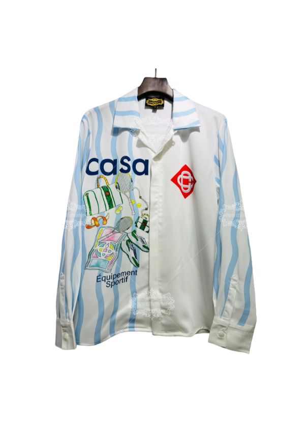 White & Blue Wave Stripe Tennis Element Print Shirt | Sport Luxe Resort Long