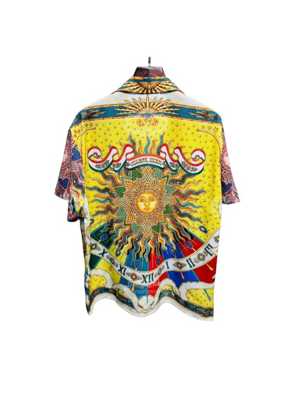 Vibrant Sun God & Sundial Print Shirt | Luxe Yellow Baroque Short