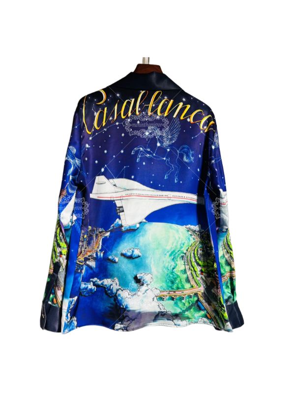 Luxury Global Cityscape Print Shirt | Silk-Satin Travel Art Long