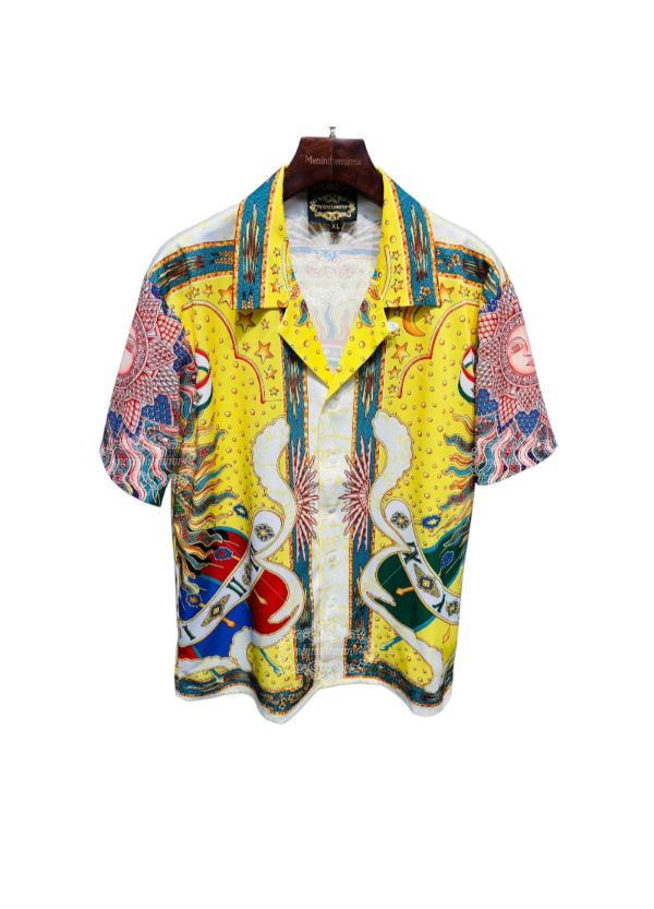 Vibrant Sun God & Sundial Print Shirt | Luxe Yellow Baroque Short