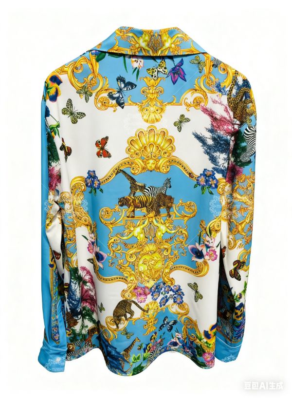 Luxury Safari Baroque Print Long Sleeve Shirt | Sky Blue Wildlife Luxe