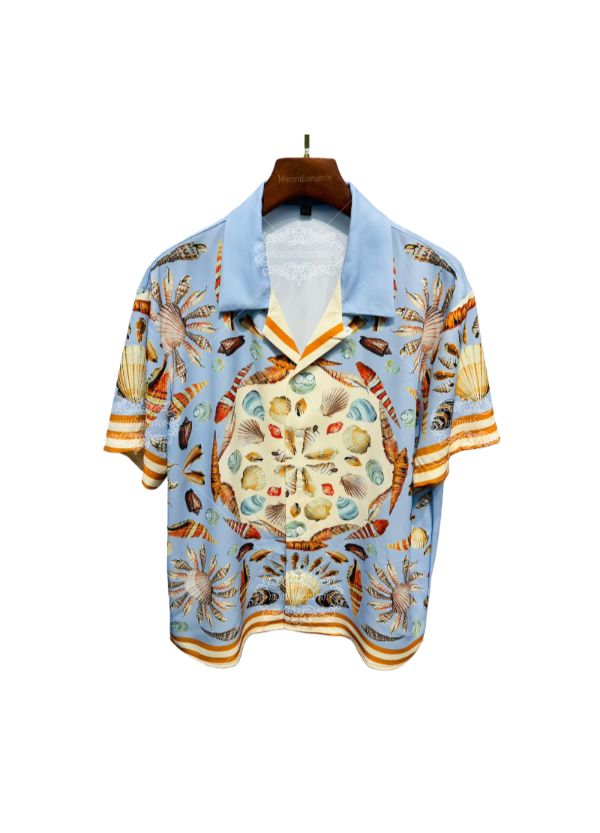 Light Blue Seashell Maritime Print Shirt | Retro Resort Short