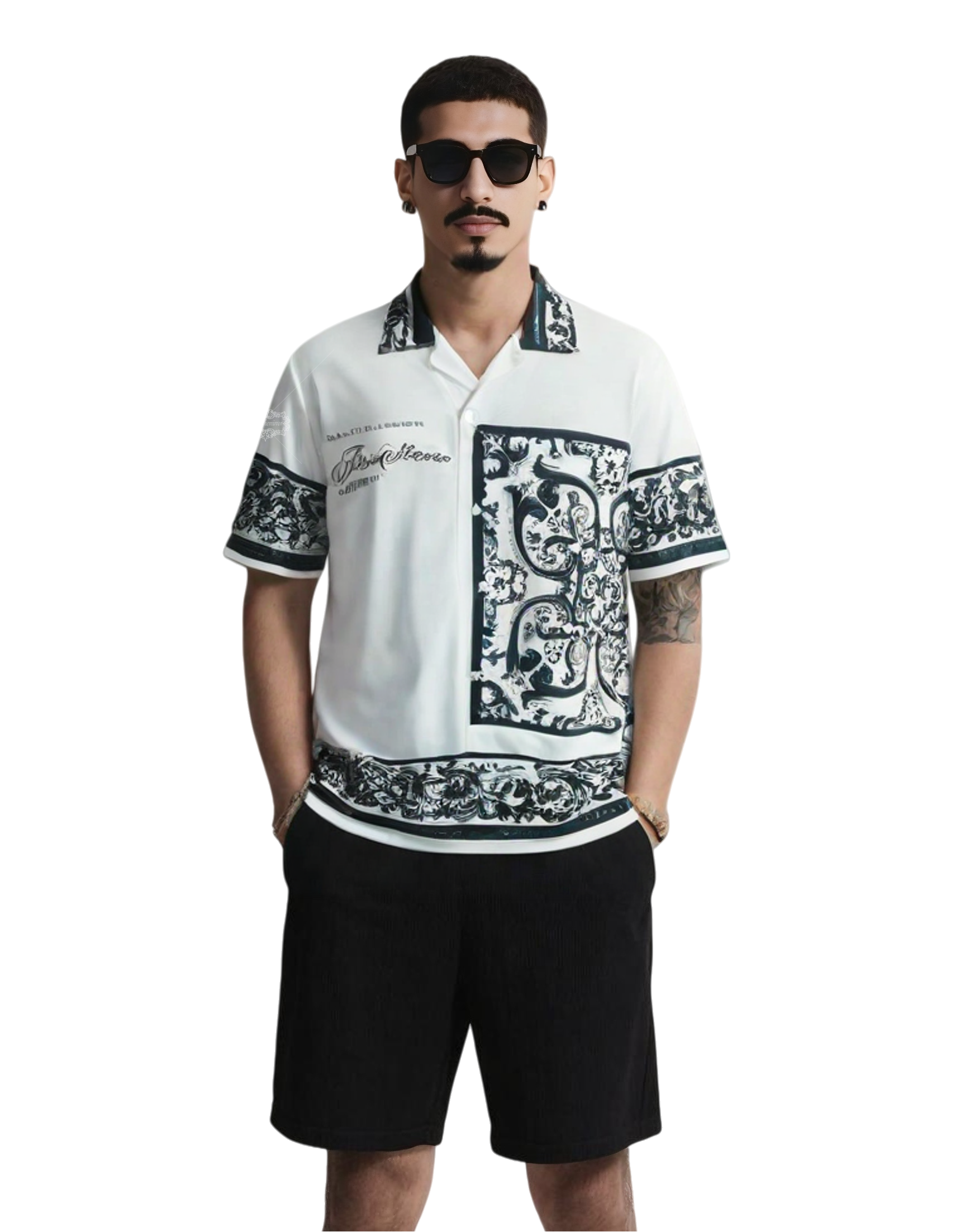 Monochrome Baroque Text Print Shirt | Luxe White & Black Short