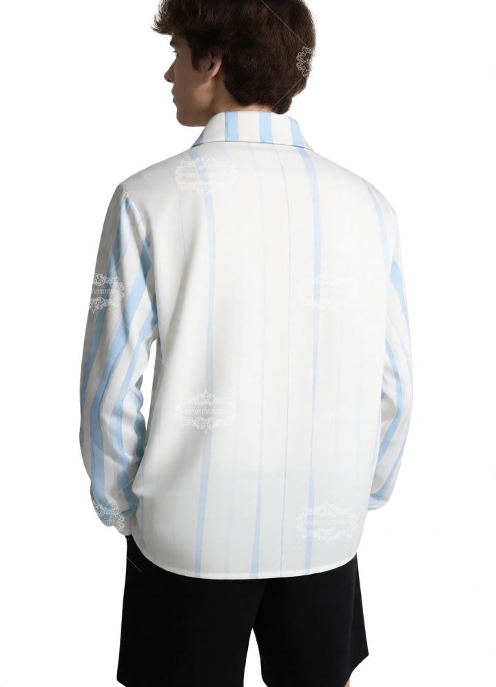 White & Blue Wave Stripe Tennis Element Print Shirt | Sport Luxe Resort Long