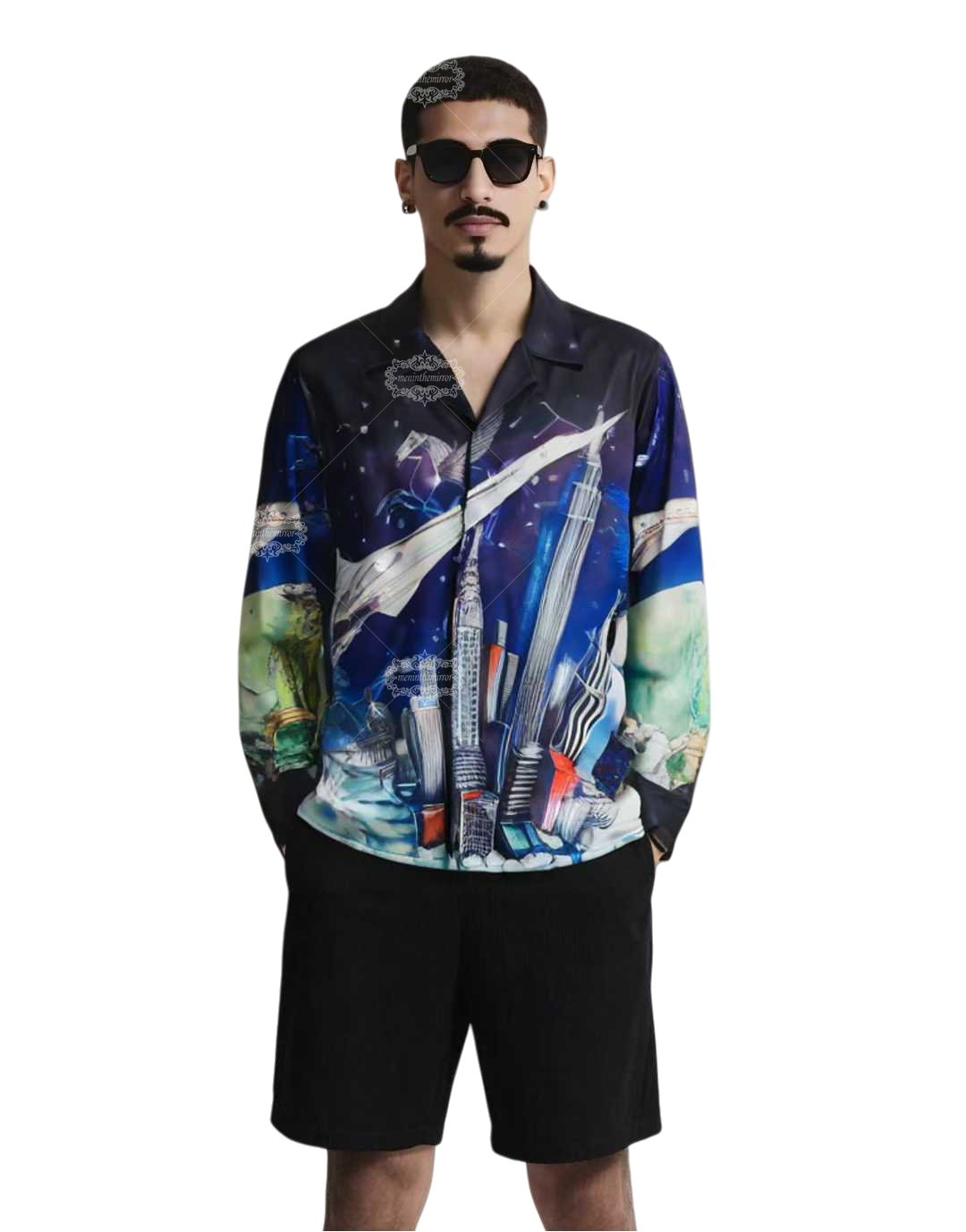 Luxury Global Cityscape Print Shirt | Silk-Satin Travel Art Long
