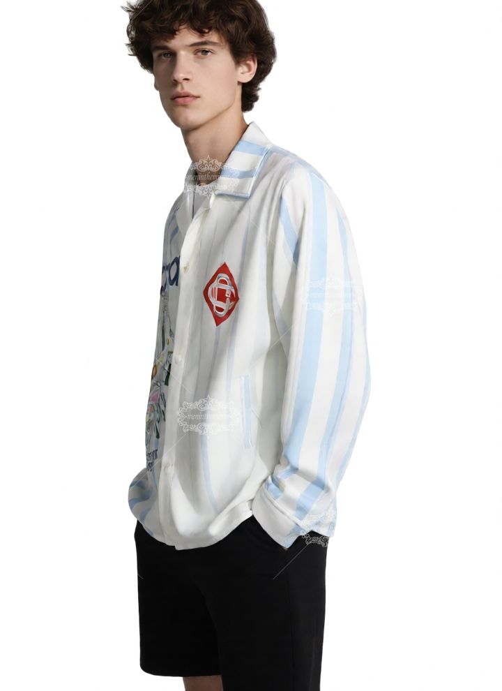 White & Blue Wave Stripe Tennis Element Print Shirt | Sport Luxe Resort Long