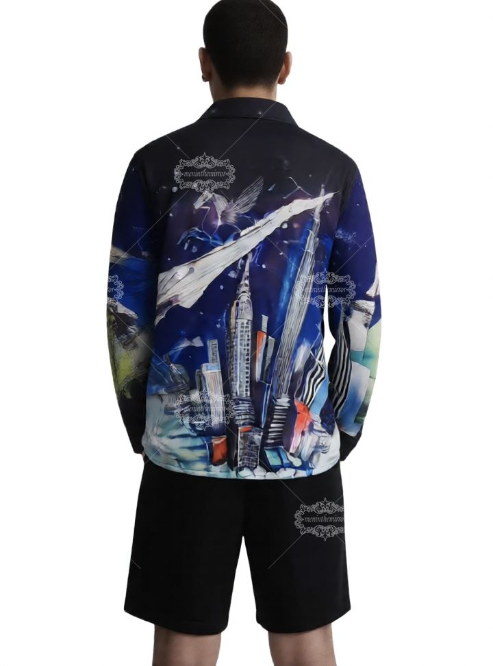 Luxury Global Cityscape Print Shirt | Silk-Satin Travel Art Long
