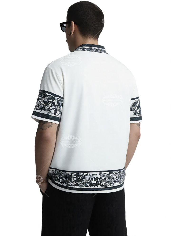 Monochrome Baroque Text Print Shirt | Luxe White & Black Short