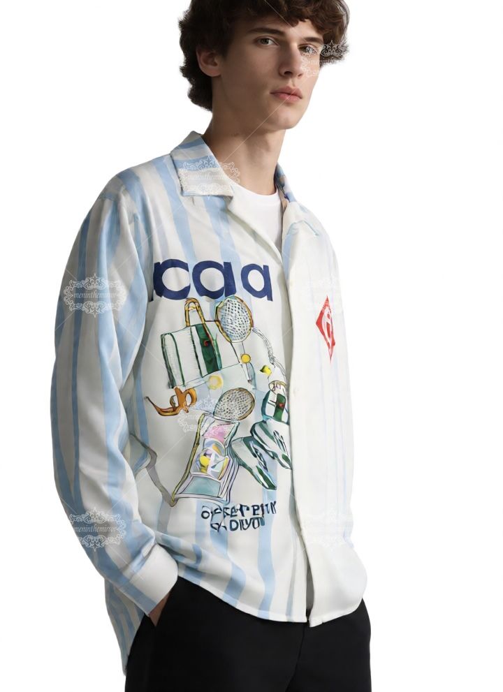 White & Blue Wave Stripe Tennis Element Print Shirt | Sport Luxe Resort Long