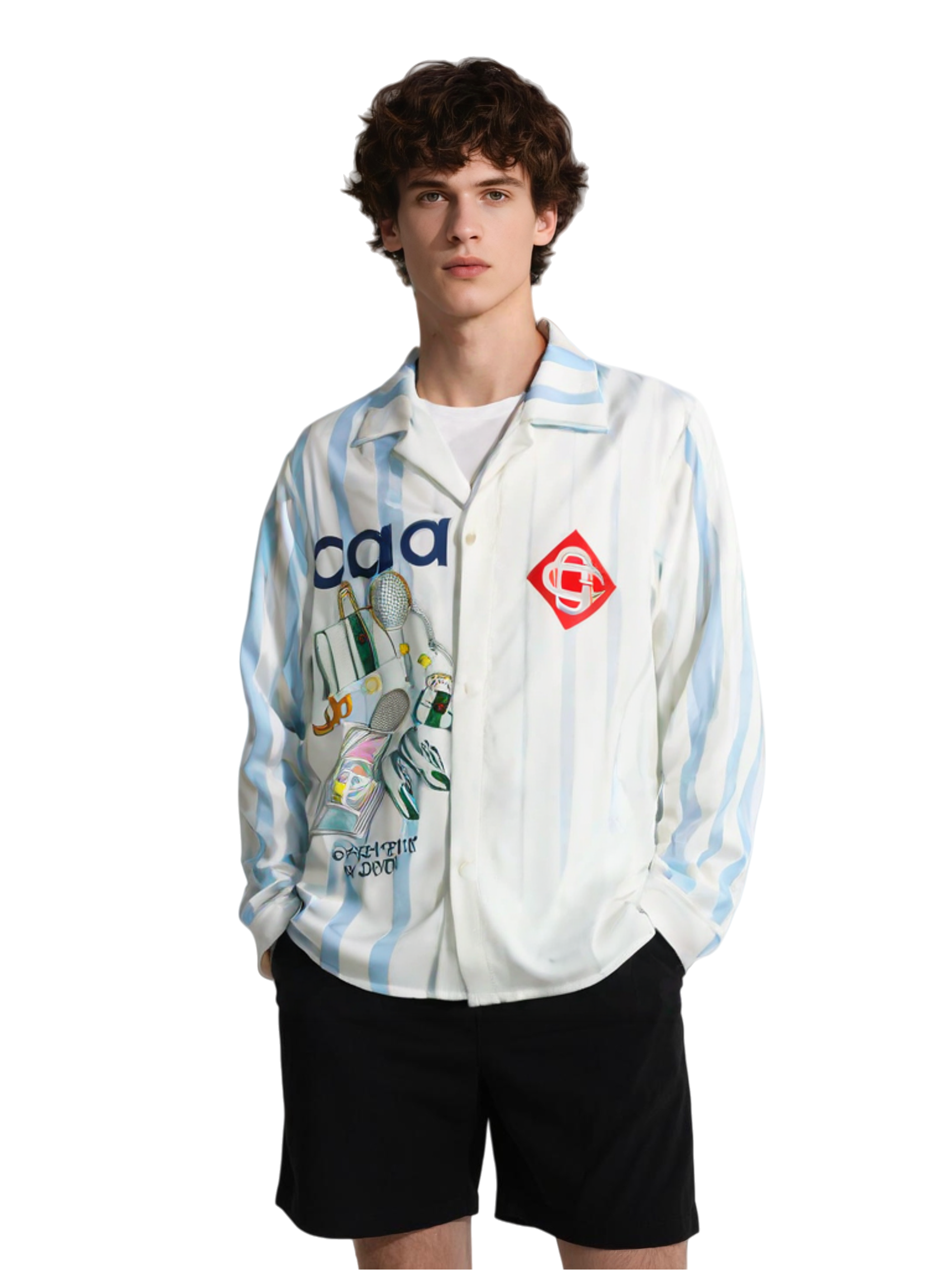 White & Blue Wave Stripe Tennis Element Print Shirt | Sport Luxe Resort Long