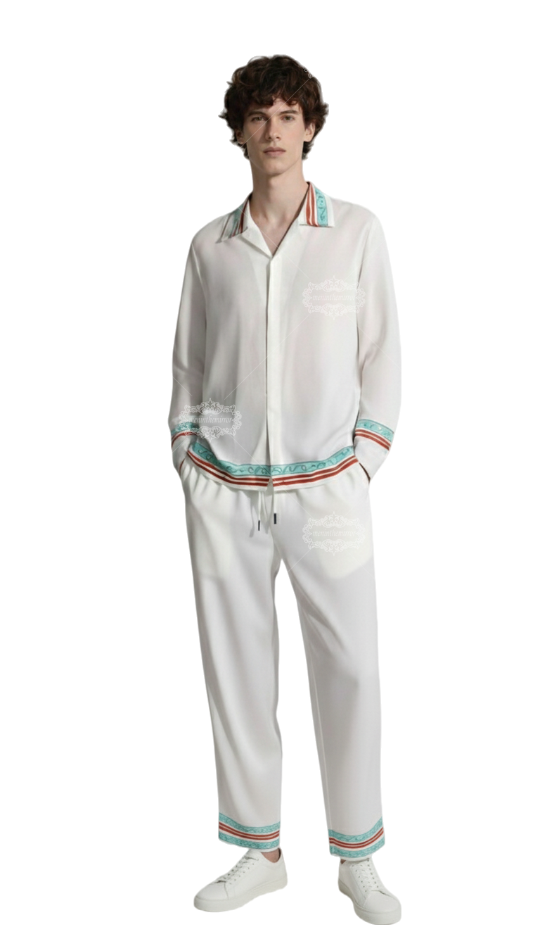 Coastal Wave Trim Long Sleeve Shirt | Retro Resort White Casual