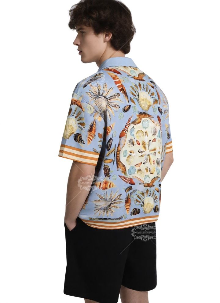 Light Blue Seashell Maritime Print Shirt | Retro Resort Short
