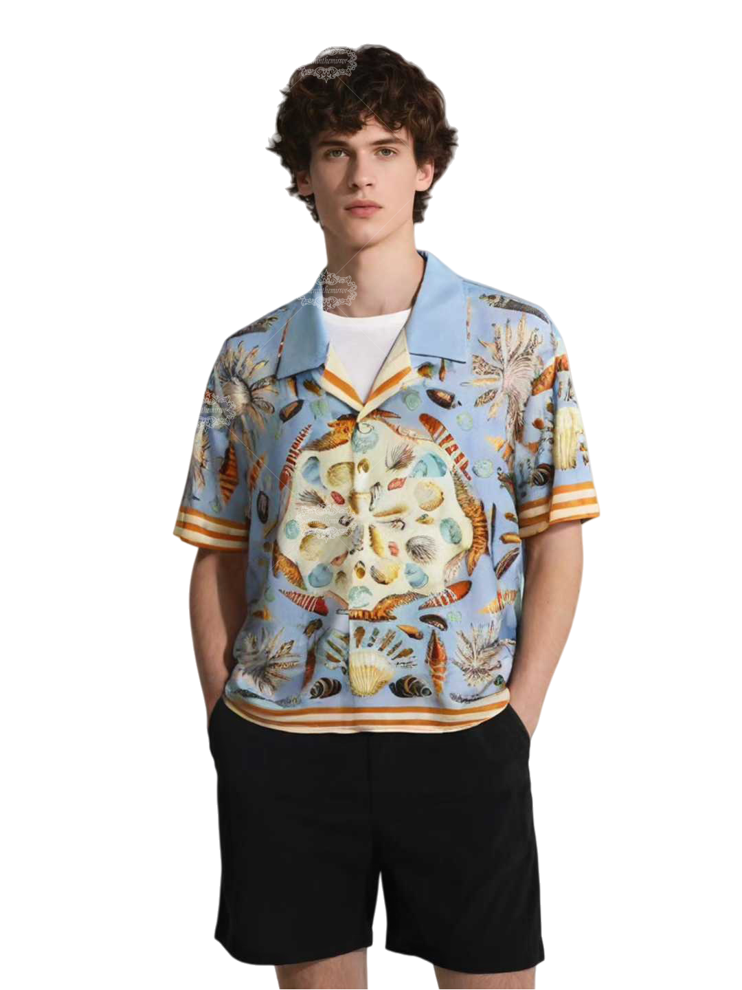 Light Blue Seashell Maritime Print Shirt | Retro Resort Short