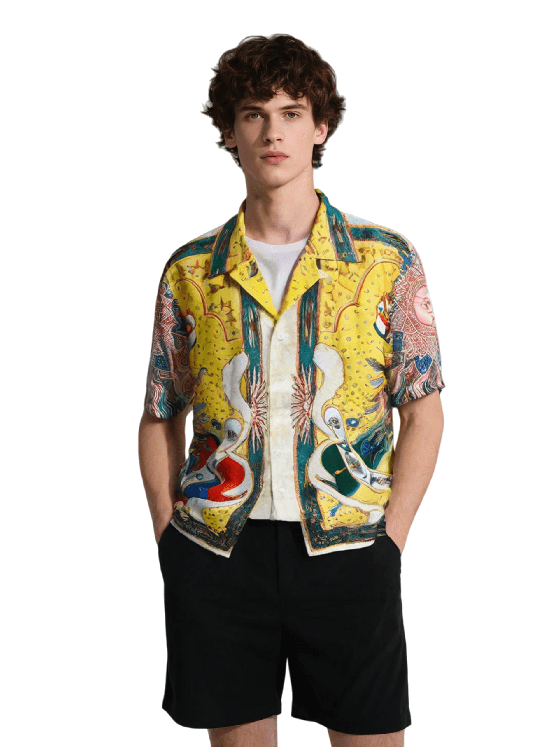 Vibrant Sun God & Sundial Print Shirt | Luxe Yellow Baroque Short