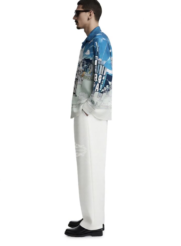 Pale Blue Baroque Sculpture Print Shirt | Light Luxe Resort Short