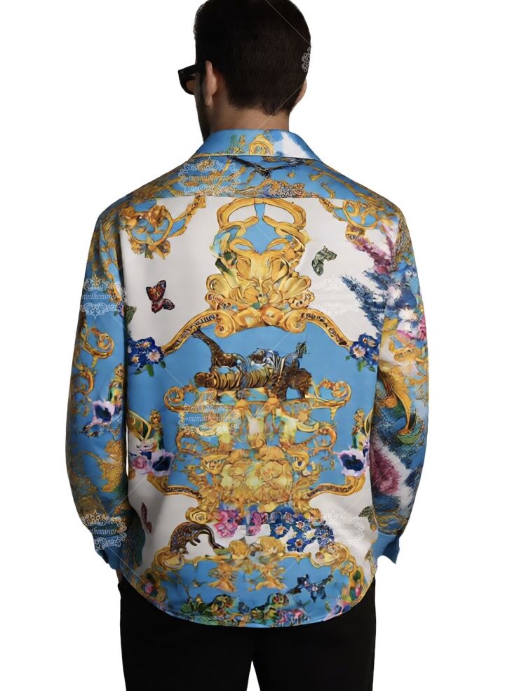 Luxury Safari Baroque Print Long Sleeve Shirt | Sky Blue Wildlife Luxe