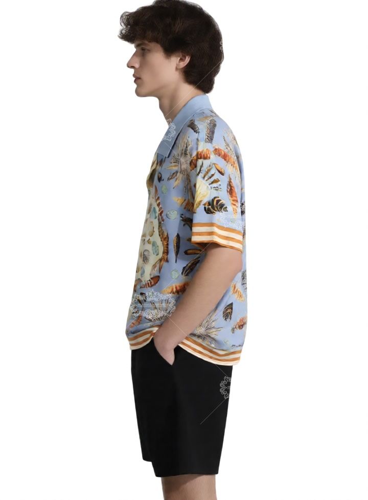 Light Blue Seashell Maritime Print Shirt | Retro Resort Short