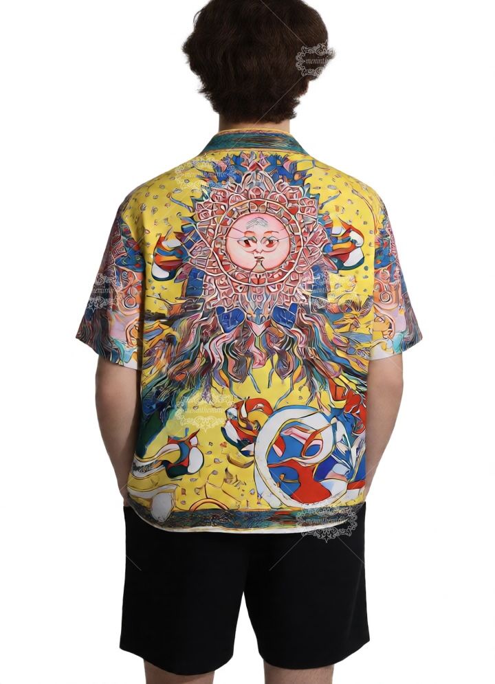 Vibrant Sun God & Sundial Print Shirt | Luxe Yellow Baroque Short