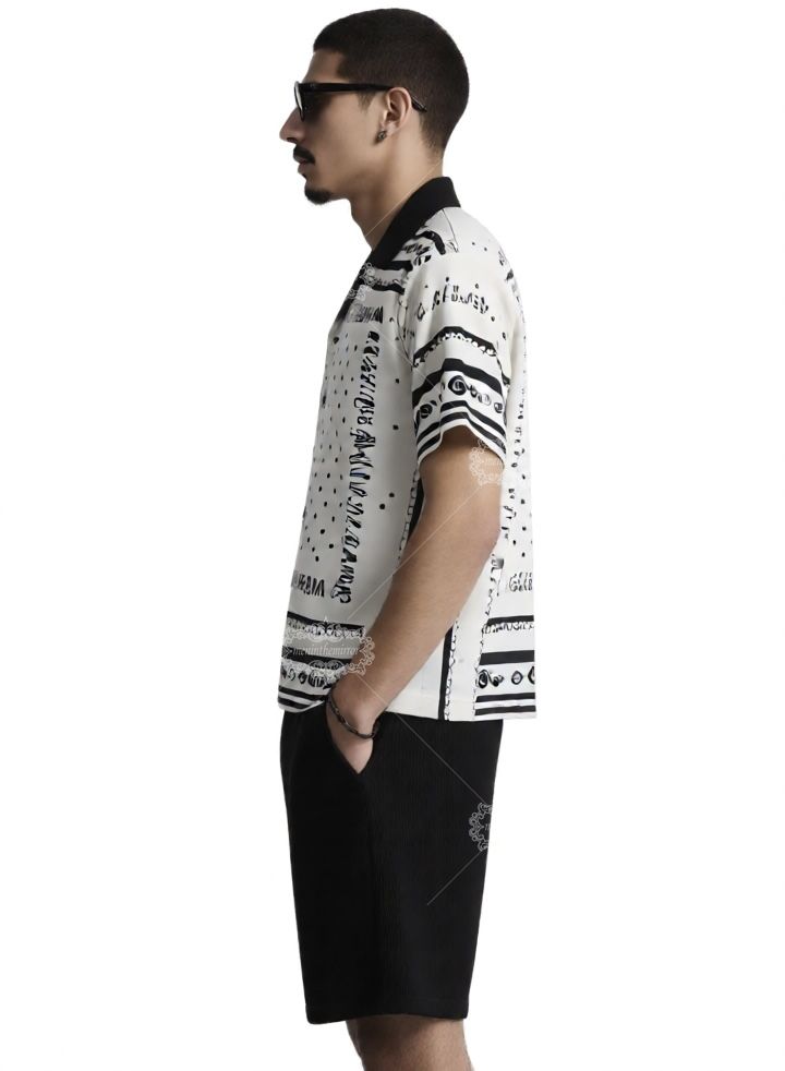 Monochrome Polka Dot Border Short Sleeve Shirt | Retro Silk-Scarf Luxe