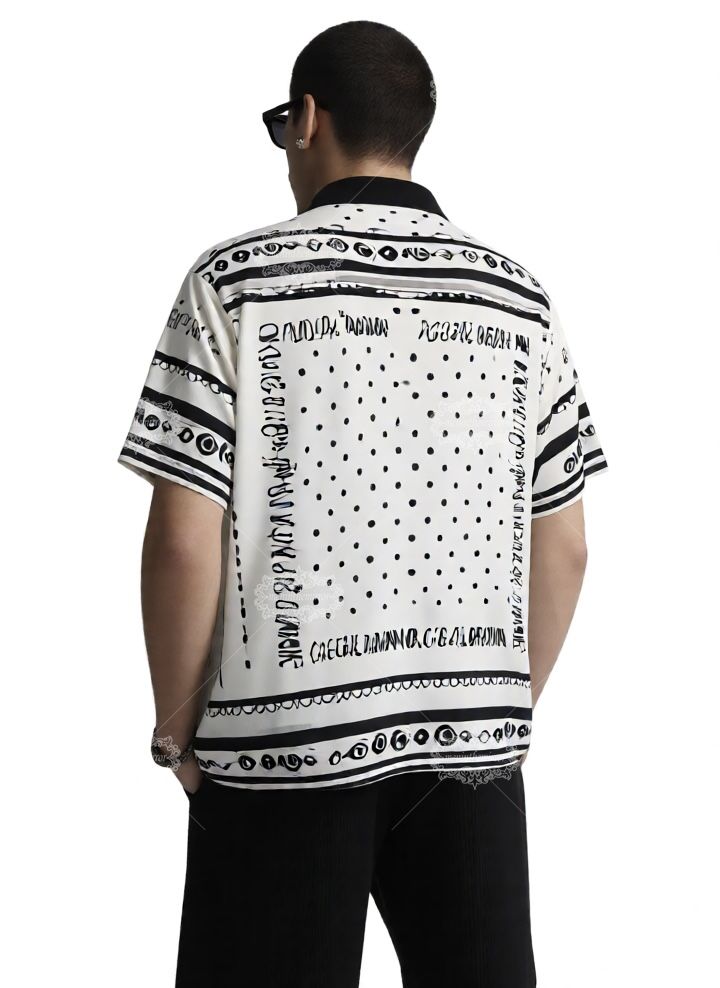 Monochrome Polka Dot Border Short Sleeve Shirt | Retro Silk-Scarf Luxe