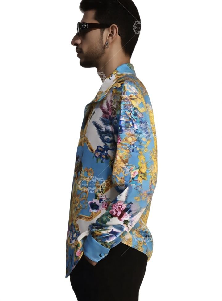Luxury Safari Baroque Print Long Sleeve Shirt | Sky Blue Wildlife Luxe