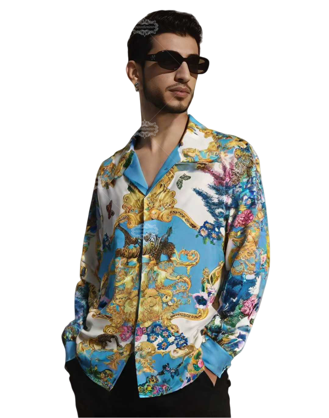 Luxury Safari Baroque Print Long Sleeve Shirt | Sky Blue Wildlife Luxe