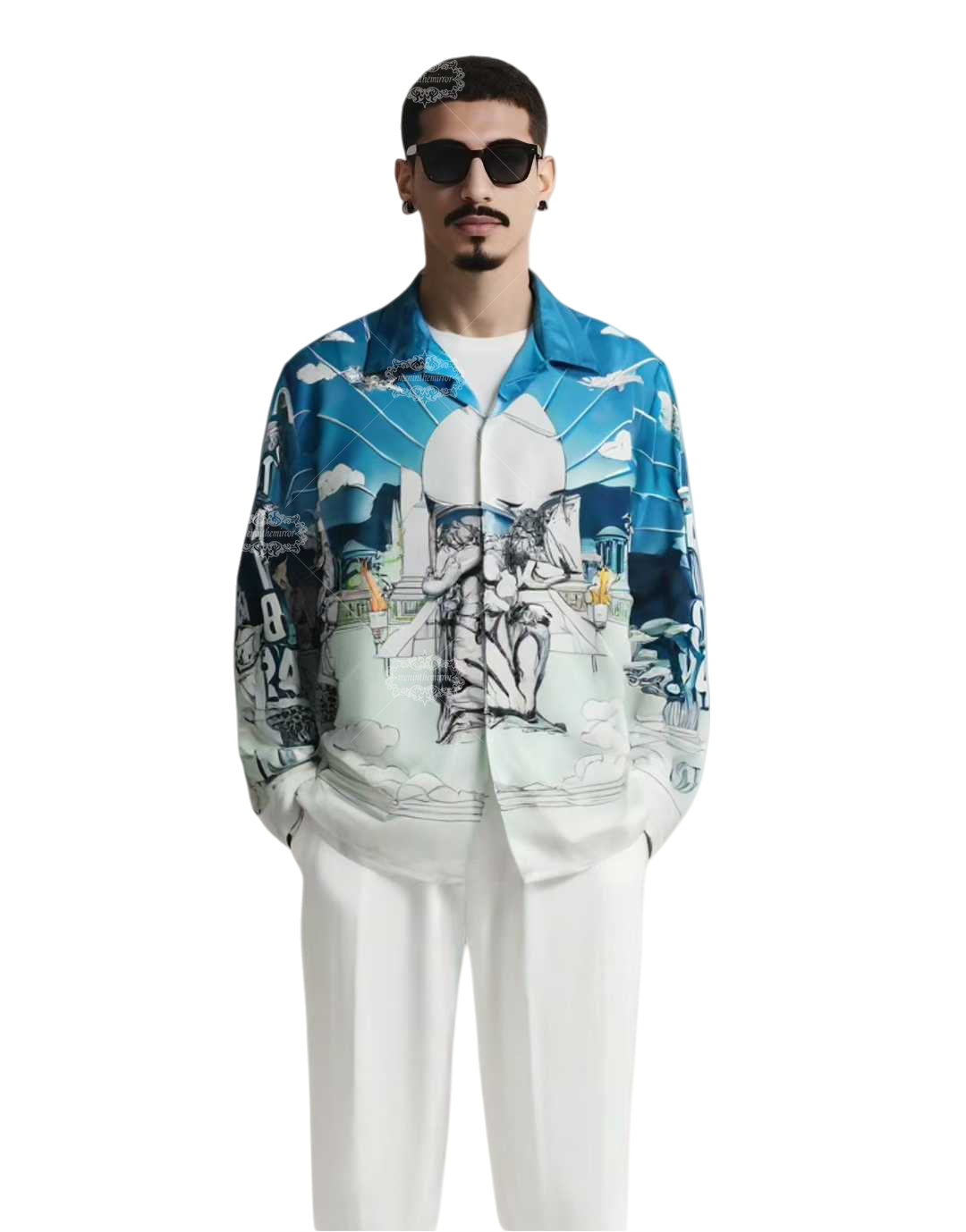 Pale Blue Baroque Sculpture Print Shirt | Light Luxe Resort Short